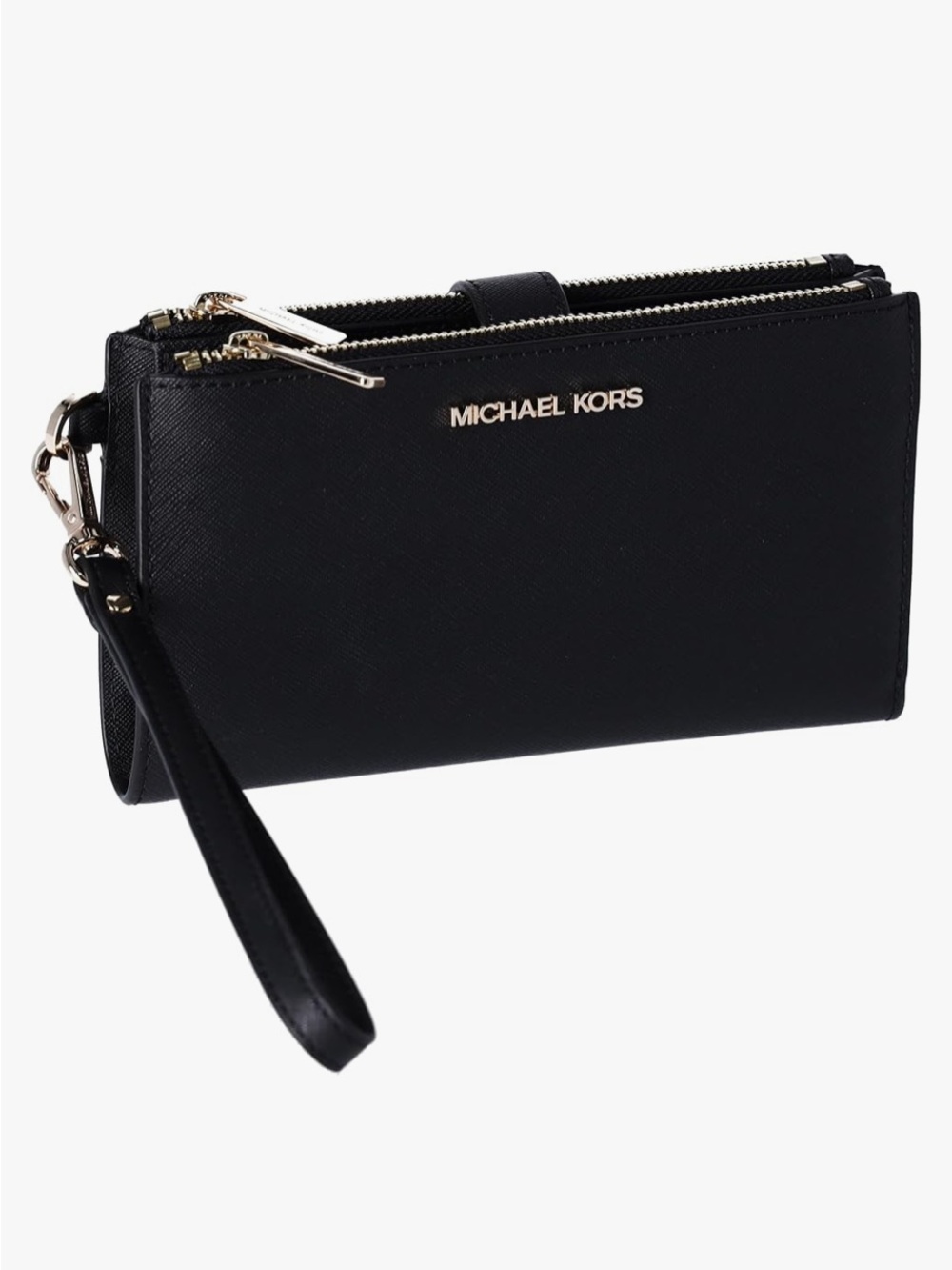 Michael Kors Black Leather Double-Zip Wristlet with Gold Logo